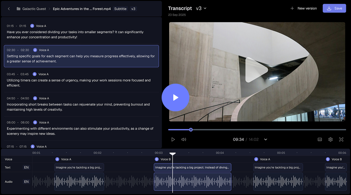 Video library interface with transcript timeline and player