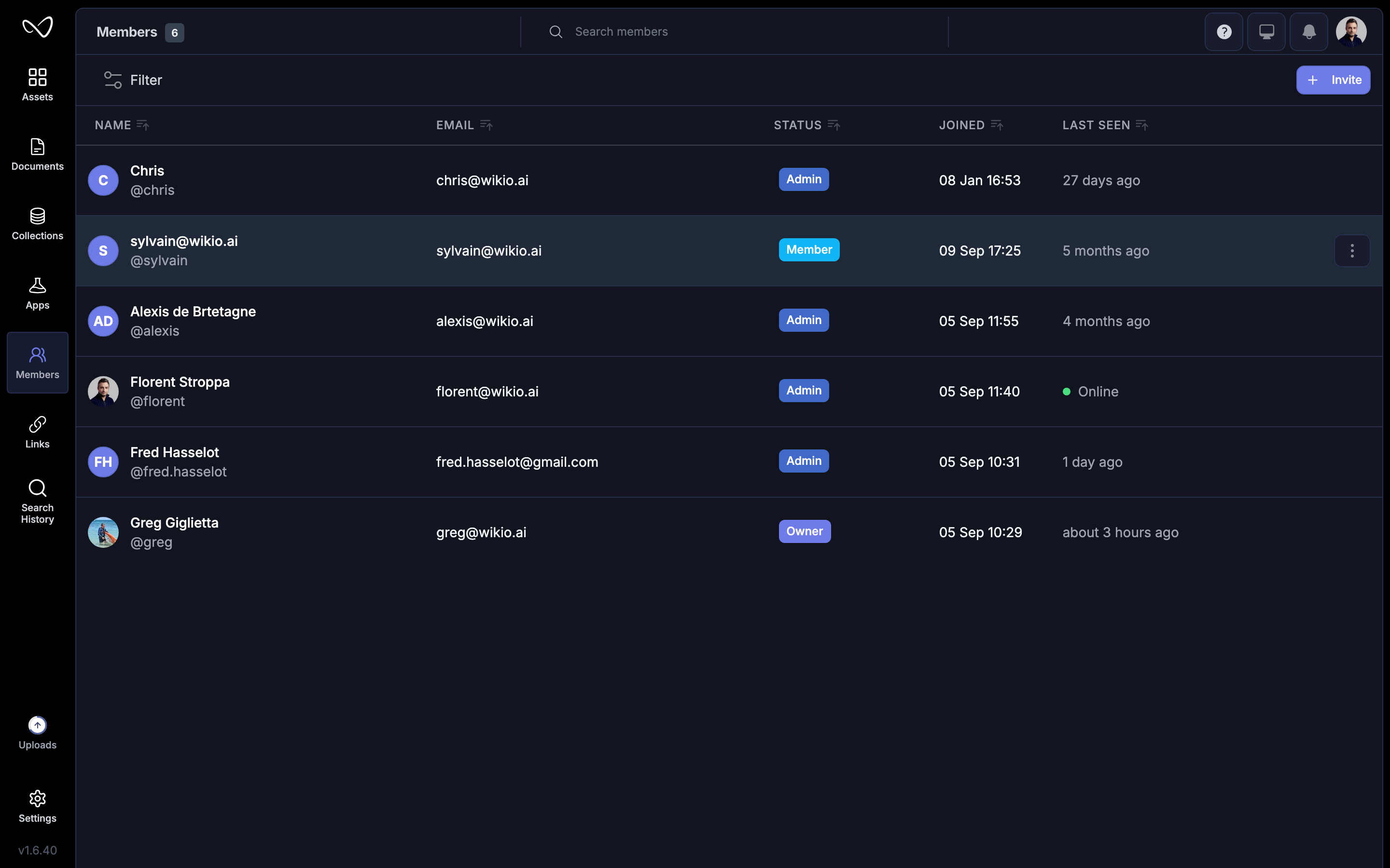 Members panel showing team members, roles, and status